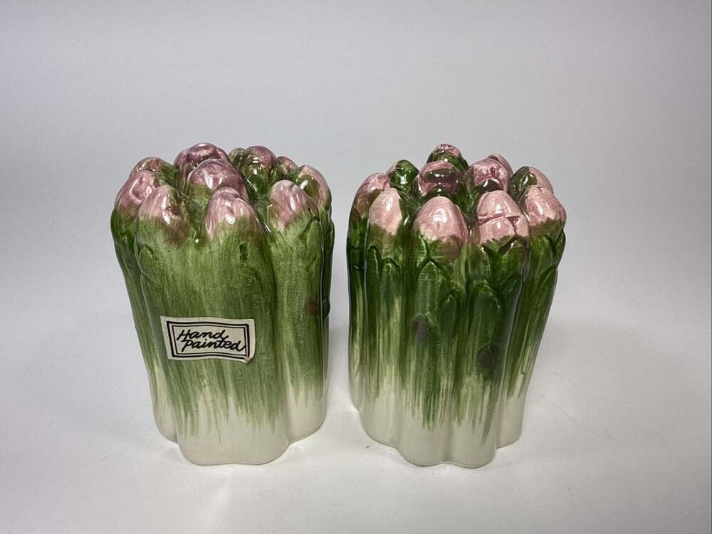 VTR 1988 Fitz And Floyd Green Asparagus Salt Pepper Shaker Set Hand Painted E1